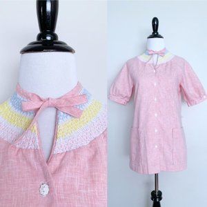 Vintage 70s Pastel Pink Smocked Short Puff Sleeve Button Up Tunic Blouse XS